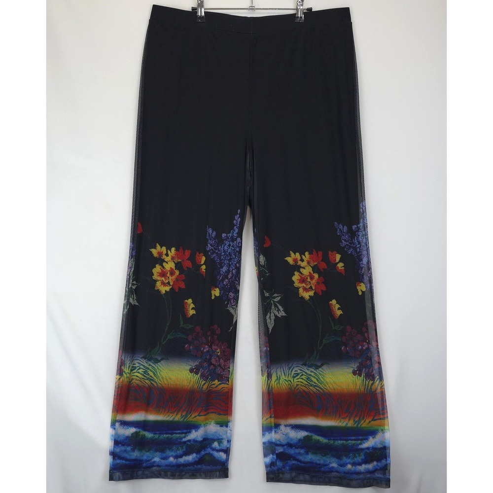 John Mark Pants Womens XL Black Sheer Mesh Lined Floral Print Wide Leg Flowy